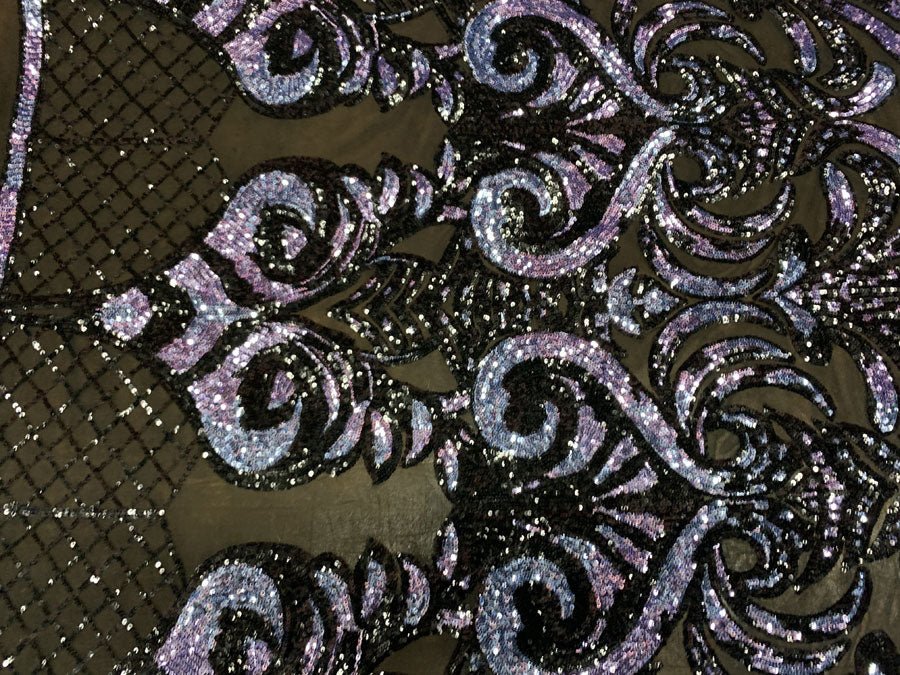 Bridal Silver and Black Sequin Embroidery on Lavender Stretch Mesh FabricICEFABRICICE FABRICSBy The Yard (58" Wide)Bridal Silver and Black Sequin Embroidery on Lavender Stretch Mesh Fabric ICEFABRIC