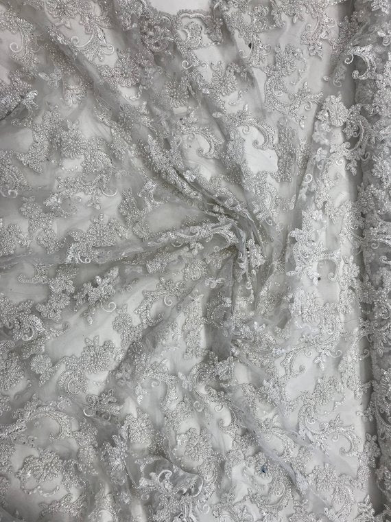 Bridal Wedding Dress Fabric - Beaded Mesh LaceICE FABRICSICE FABRICSIvoryBridal Wedding Dress Fabric - Beaded Mesh Lace ICE FABRICS Ivory