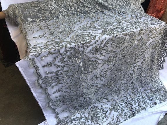 Bridal Wedding Silver Design Beaded Mesh Lace Fabric Sold By YardICE FABRICSICE FABRICSBridal Wedding Silver Design Beaded Mesh Lace Fabric Sold By Yard ICE FABRICS