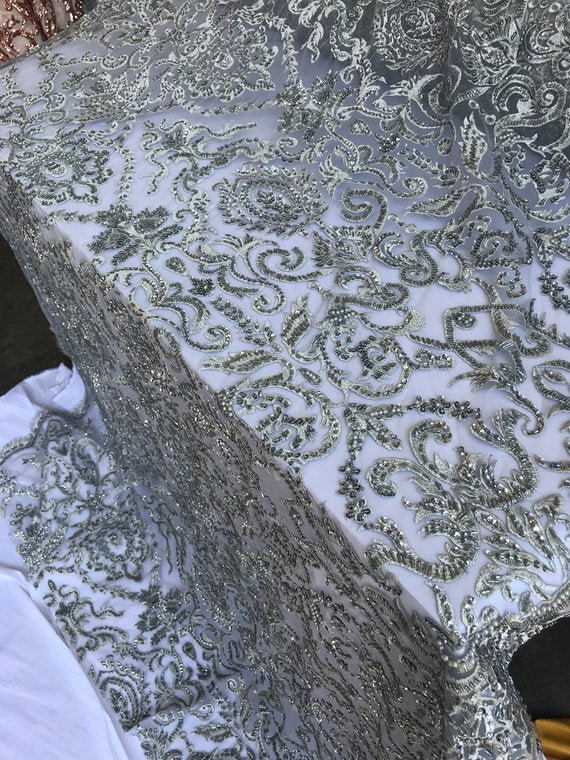 Bridal Wedding Silver Design Beaded Mesh Lace Fabric Sold By YardICE FABRICSICE FABRICSBridal Wedding Silver Design Beaded Mesh Lace Fabric Sold By Yard ICE FABRICS