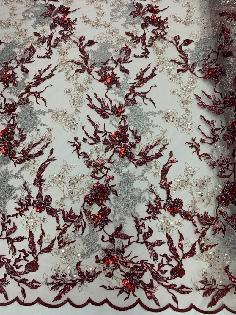 Burgundy Ivory and Silver Sequin Floral Bridal Fabric/ Beaded Fabric/ 3D Lace FabricICE FABRICSICE FABRICSBurgundy Ivory and Silver Sequin Floral Bridal Fabric/ Beaded Fabric/ 3D Lace Fabric ICE FABRICS