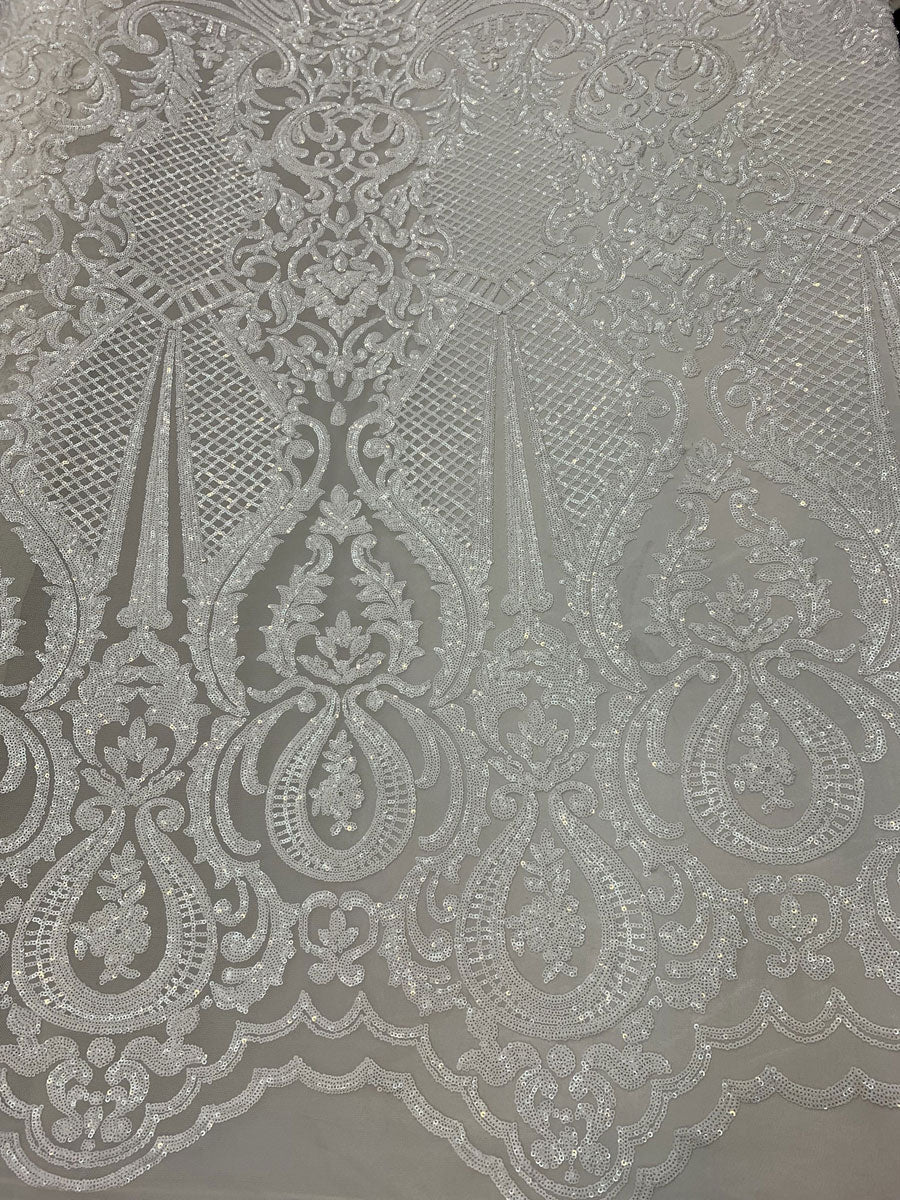 BY THE YARD/ Geometric Design Mesh Lace Fabric Sequins 4 Way Stretch On A White Mesh/Handmade Lace Embroider Prom/Gowns/Wedding DressICE FABRICSICE FABRICSWhiteBY THE YARD/ Geometric Design Mesh Lace Fabric Sequins 4 Way Stretch On A White Mesh/Handmade Lace Embroider Prom/Gowns/Wedding Dress ICE FABRICS White