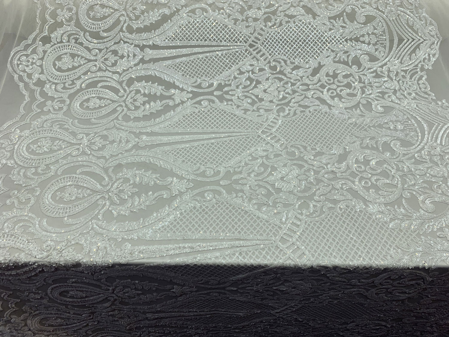 BY THE YARD/ Geometric Design Mesh Lace Fabric Sequins 4 Way Stretch On A White Mesh/Handmade Lace Embroider Prom/Gowns/Wedding DressICE FABRICSICE FABRICSGreenBY THE YARD/ Geometric Design Mesh Lace Fabric Sequins 4 Way Stretch On A White Mesh/Handmade Lace Embroider Prom/Gowns/Wedding Dress ICE FABRICS White