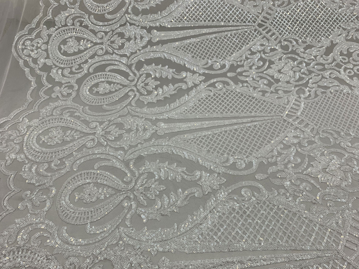 BY THE YARD/ Geometric Design Mesh Lace Fabric Sequins 4 Way Stretch On A White Mesh/Handmade Lace Embroider Prom/Gowns/Wedding DressICE FABRICSICE FABRICSGreenBY THE YARD/ Geometric Design Mesh Lace Fabric Sequins 4 Way Stretch On A White Mesh/Handmade Lace Embroider Prom/Gowns/Wedding Dress ICE FABRICS White