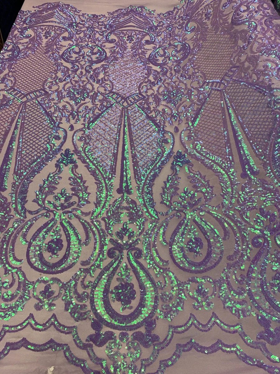BY THE YARD/ Geometric Design Mesh Lace Fabric Sequins 4 Way Stretch On A White Mesh/Handmade Lace Embroider Prom/Gowns/Wedding DressICE FABRICSICE FABRICSPurple &GreenBY THE YARD/ Geometric Design Mesh Lace Fabric Sequins 4 Way Stretch On A White Mesh/Handmade Lace Embroider Prom/Gowns/Wedding Dress ICE FABRICS Purple &Green