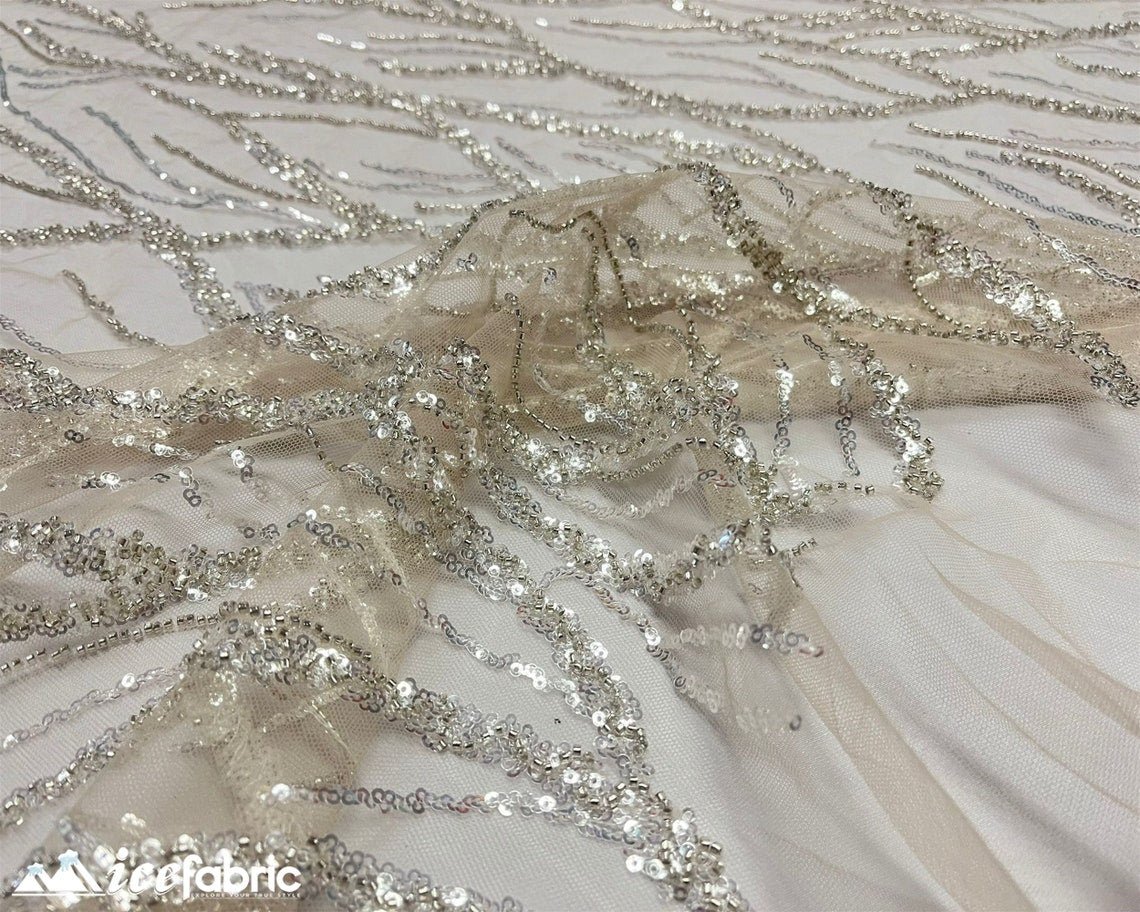 Champagne Handmade Beaded Fabric / Lace Fabric With Sequin