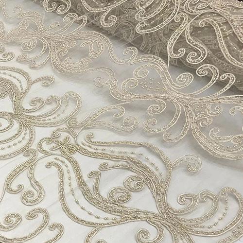 Champagne Mini Flowers Heavy Embroidered Floral Beaded Mesh Lace Fabric By The YardICEFABRICICE FABRICSChampagne Mini Flowers Heavy Embroidered Floral Beaded Mesh Lace Fabric By The Yard ICEFABRIC