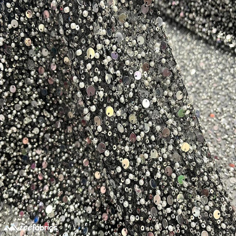 Classic All Over Beaded Sequin Bridal Fabric / HandmadeICE FABRICSICE FABRICSBy The Yard (58" Wide)Silver Sequin on BlackClassic All Over Beaded Sequin Bridal Fabric / Handmade ICE FABRICS Silver Sequin on Black