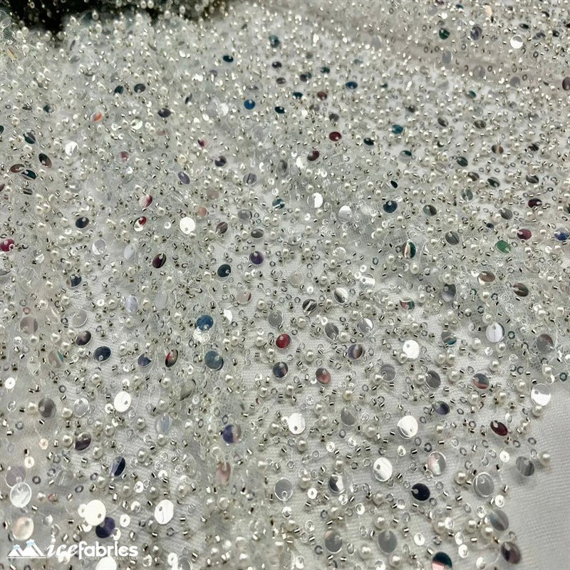 Classic All Over Beaded Sequin Bridal Fabric / HandmadeICE FABRICSICE FABRICSBy The Yard (58" Wide)Silver Sequin on BlueClassic All Over Beaded Sequin Bridal Fabric / Handmade ICE FABRICS Silver Sequin on Blue