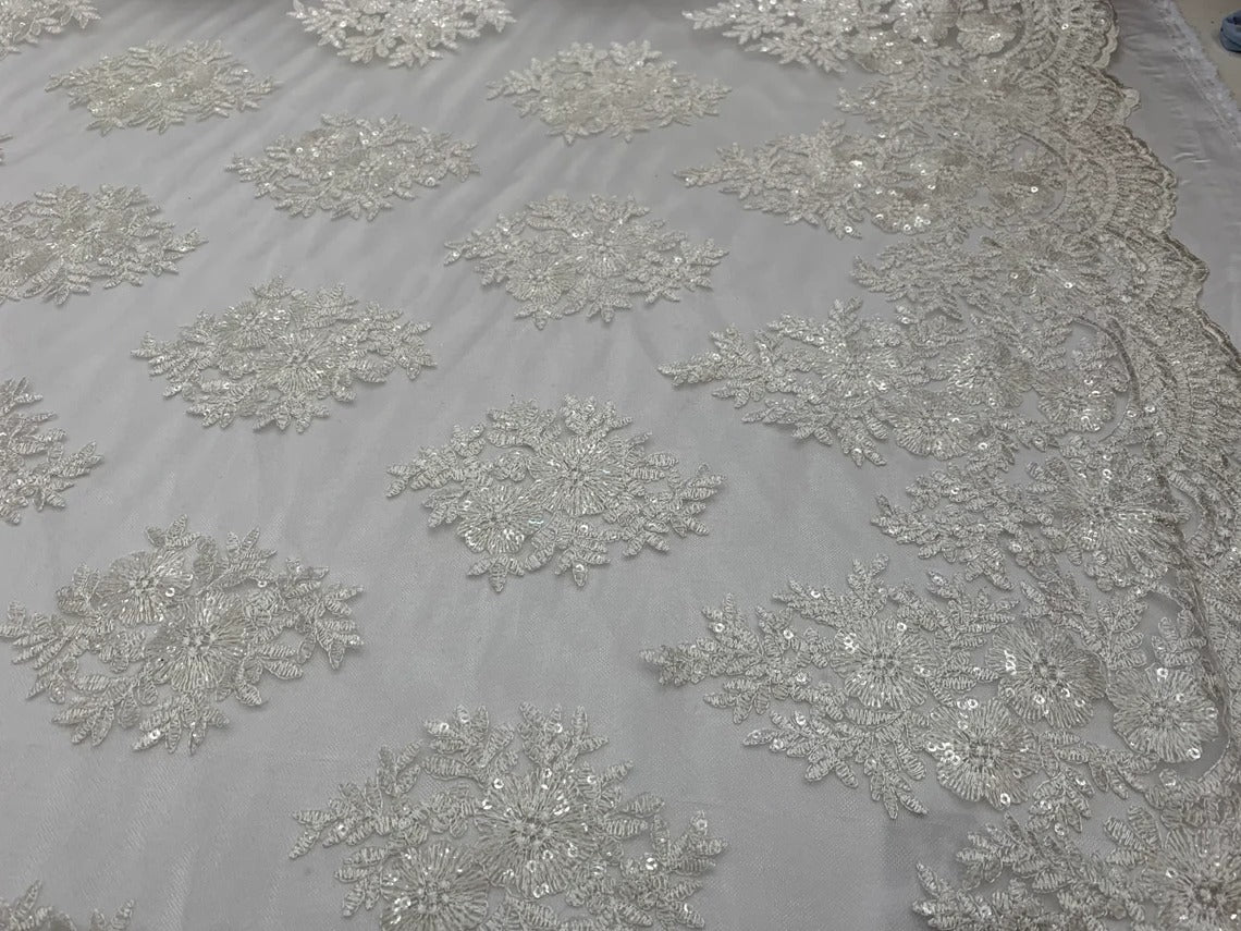 Corded Flowers White Mesh Lace Fabric