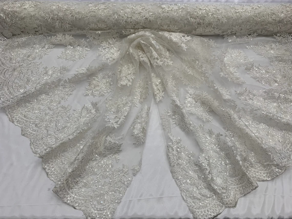 Corded flowers white lace fabric