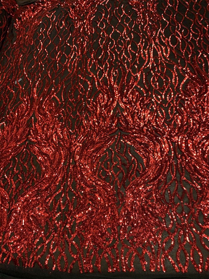 Damask Embroidery Fabric 4 Way Stretch Sequin Luxury FabricICEFABRICICE FABRICSRed On Black MeshBy The Yard (58" Wide)Damask Embroidery Fabric 4 Way Stretch Sequin Luxury Fabric ICEFABRIC Red On Black Mesh