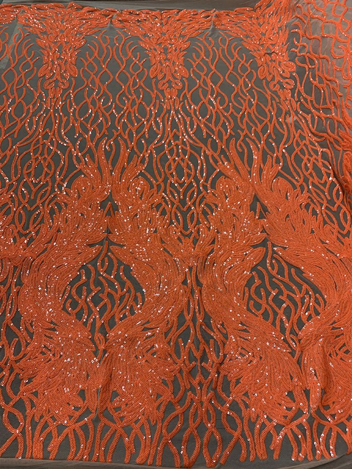 Damask Embroidery Fabric 4 Way Stretch Sequin Luxury FabricICEFABRICICE FABRICSNeon Orange on Nude MeshBy The Yard (58" Wide)Damask Embroidery Fabric 4 Way Stretch Sequin Luxury Fabric ICEFABRIC Neon Orange on Nude Mesh