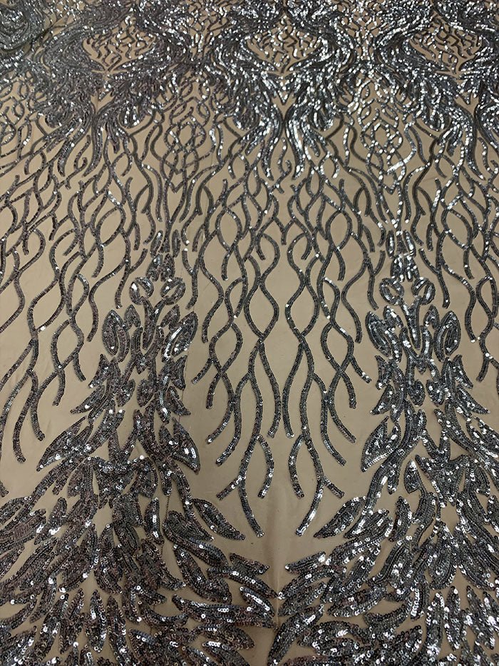 Damask Embroidery Fabric 4 Way Stretch Sequin Luxury FabricICEFABRICICE FABRICSSilver On Nude MeshBy The Yard (58" Wide)Damask Embroidery Fabric 4 Way Stretch Sequin Luxury Fabric ICEFABRIC Silver On Nude Mesh
