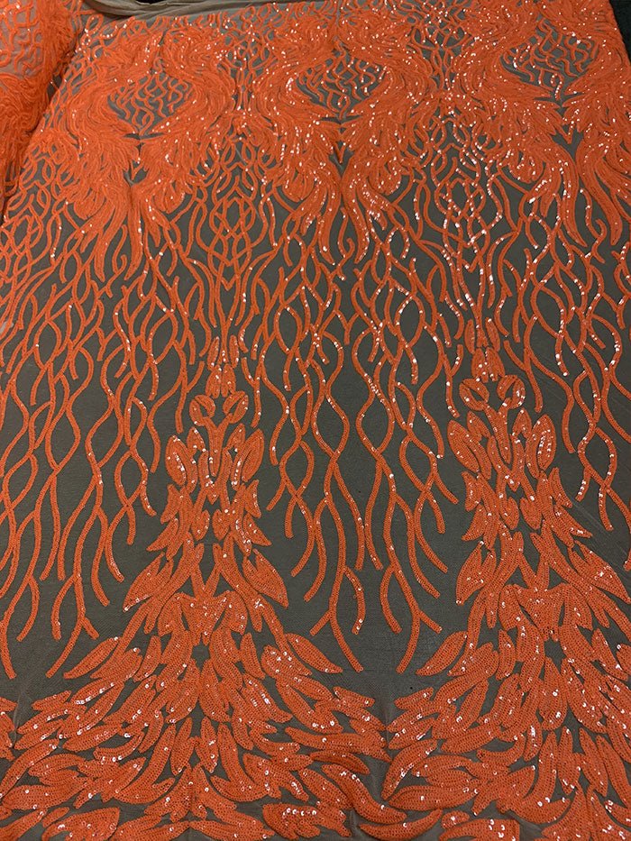 Damask Embroidery Fabric 4 Way Stretch Sequin Luxury FabricICEFABRICICE FABRICSNeon Orange on Nude MeshBy The Yard (58" Wide)Damask Embroidery Fabric 4 Way Stretch Sequin Luxury Fabric ICEFABRIC Neon Orange on Nude Mesh