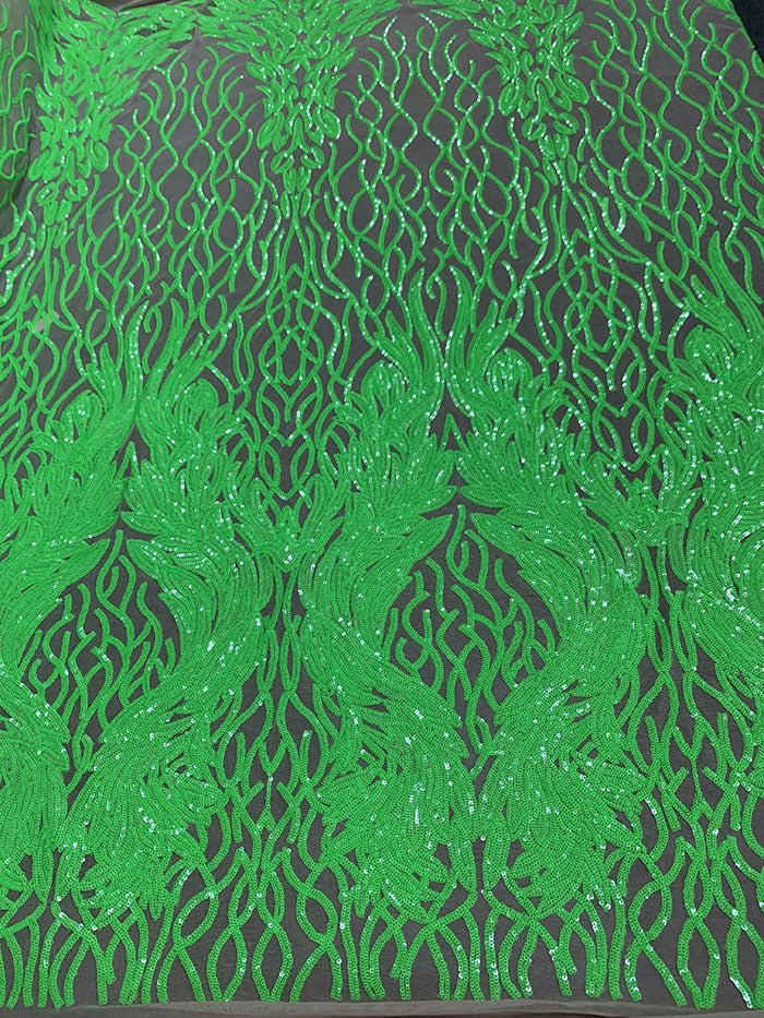 Damask Embroidery Fabric 4 Way Stretch Sequin Luxury FabricICEFABRICICE FABRICSNeon Green On Nude MeshBy The Yard (58" Wide)Damask Embroidery Fabric 4 Way Stretch Sequin Luxury Fabric ICEFABRIC Neon Green On Nude Mesh