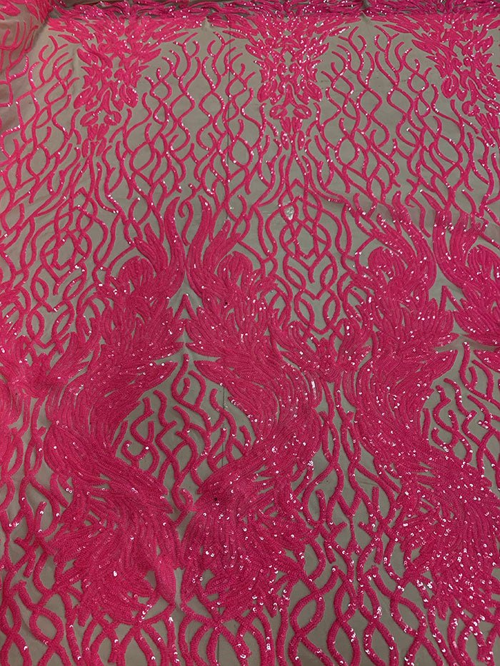 Damask Embroidery Fabric 4 Way Stretch Sequin Luxury FabricICEFABRICICE FABRICSNeon Pink On Nude MeshBy The Yard (58" Wide)Damask Embroidery Fabric 4 Way Stretch Sequin Luxury Fabric ICEFABRIC Neon Pink On Nude Mesh