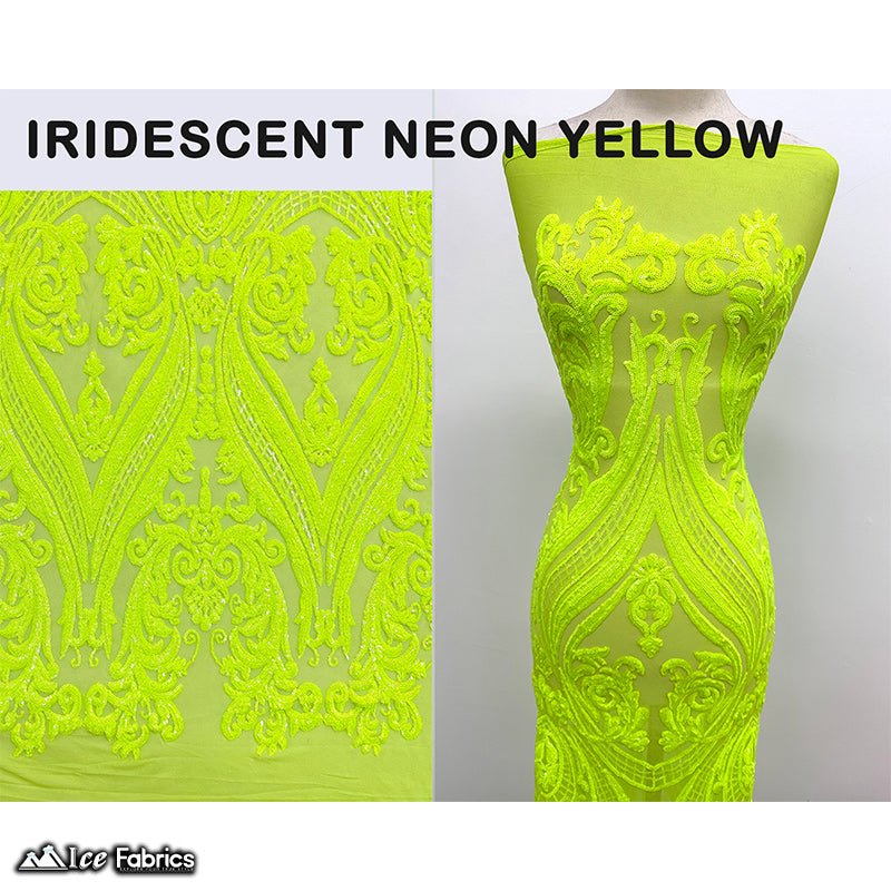 Damask Sequin Fabric | 4 Way Stretch Spandex Mesh Lace Fabric | (EGP)ICE FABRICSICE FABRICSEGP Iridescent Neon YellowIridescent Neon Yellow on Yellow meshDamask Sequin Fabric | 4 Way Stretch Spandex Mesh Lace Fabric | (EGP) ICE FABRICS Iridescent Neon Yellow on Yellow mesh