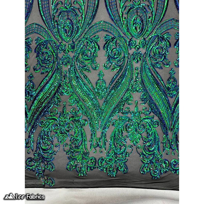 Damask Sequin Fabric | 4 Way Stretch Spandex Mesh Lace Fabric | (EGP)ICE FABRICSICE FABRICSEGP Emerald Green IridescentEmerald Green Iridescent On Black MeshDamask Sequin Fabric | 4 Way Stretch Spandex Mesh Lace Fabric | (EGP) ICE FABRICS Emerald Green Iridescent On Black Mesh