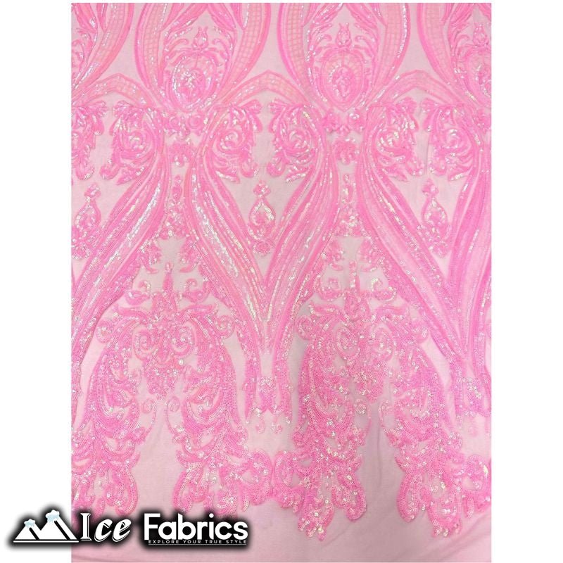 Damask Sequin Fabric | 4 Way Stretch Spandex Mesh Lace Fabric | (EGP)ICE FABRICSICE FABRICSIridescent Baby PinkDamask Sequin Fabric | 4 Way Stretch Spandex Mesh Lace Fabric | (EGP) ICE FABRICS Iridescent Baby Pink