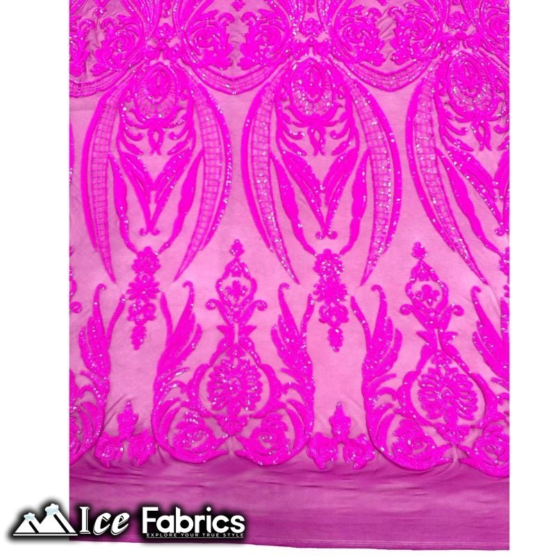 Damask Sequin Fabric | 4 Way Stretch Spandex Mesh Lace Fabric | (EGP)ICE FABRICSICE FABRICSIridescent FuchsiaDamask Sequin Fabric | 4 Way Stretch Spandex Mesh Lace Fabric | (EGP) ICE FABRICS Iridescent Fuchsia