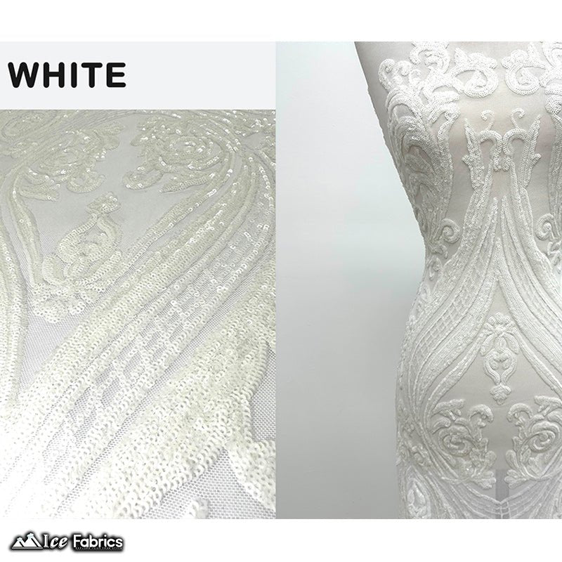 Damask Sequin Fabric | 4 Way Stretch Spandex Mesh Lace Fabric | (EGP)ICE FABRICSICE FABRICSEGP WhiteWhite On White MeshDamask Sequin Fabric | 4 Way Stretch Spandex Mesh Lace Fabric | (EGP) ICE FABRICS White On White Mesh