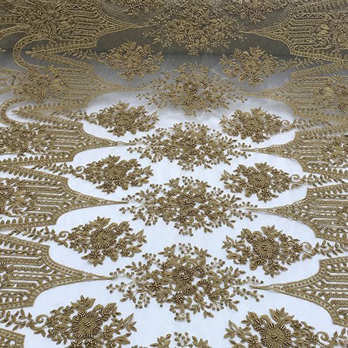 Dark Gold Or Taupe Design Beaded Lace Fabric By The YardICE FABRICSICE FABRICSDark Gold Or Taupe Design Beaded Lace Fabric By The Yard ICE FABRICS