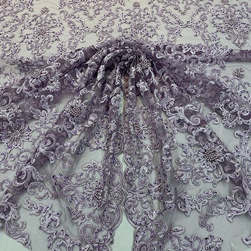 Deluxe Heavy Embroidered Glass Beaded Mesh Lace Fabric For Wedding, GownsICEFABRICICE FABRICSBurgundyDeluxe Heavy Embroidered Glass Beaded Mesh Lace Fabric For Wedding, Gowns ICEFABRIC Lilac