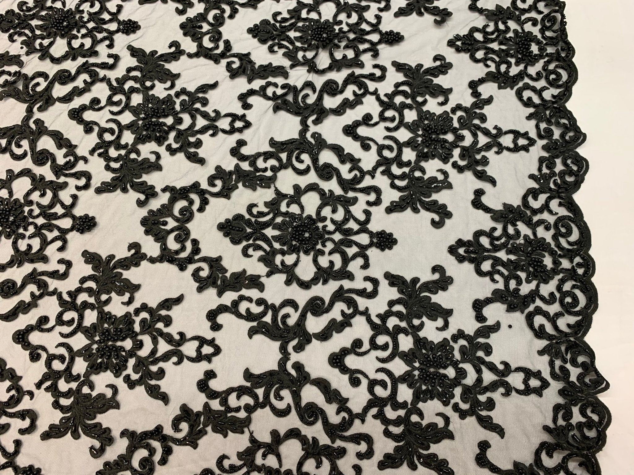 Deluxe Heavy Embroidered Glass Beaded Mesh Lace Fabric For Wedding, GownsICEFABRICICE FABRICSBlackDeluxe Heavy Embroidered Glass Beaded Mesh Lace Fabric For Wedding, Gowns ICEFABRIC Black