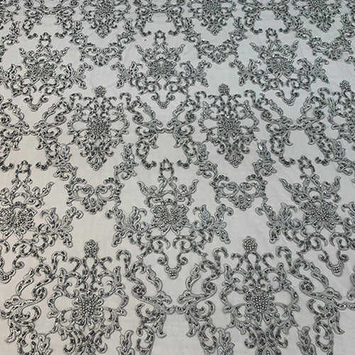 Deluxe Heavy Embroidered Glass Beaded Mesh Lace Fabric For Wedding, GownsICEFABRICICE FABRICSGrayDeluxe Heavy Embroidered Glass Beaded Mesh Lace Fabric For Wedding, Gowns ICEFABRIC Gray