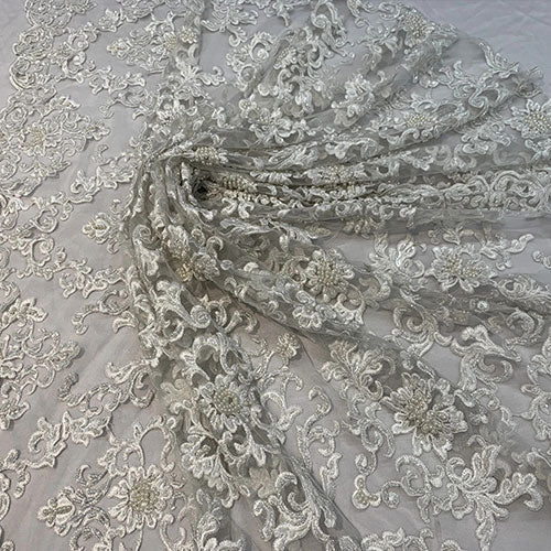 Deluxe Heavy Embroidered Glass Beaded Mesh Lace Fabric For Wedding, GownsICEFABRICICE FABRICSBurgundyDeluxe Heavy Embroidered Glass Beaded Mesh Lace Fabric For Wedding, Gowns ICEFABRIC Off White