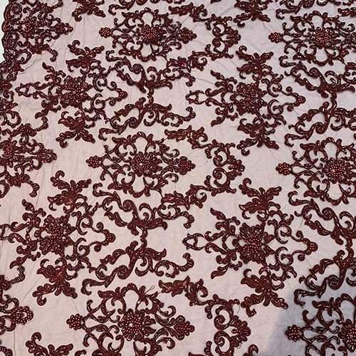 Deluxe Heavy Embroidered Glass Beaded Mesh Lace Fabric For Wedding, GownsICEFABRICICE FABRICSBlackDeluxe Heavy Embroidered Glass Beaded Mesh Lace Fabric For Wedding, Gowns ICEFABRIC Burgundy