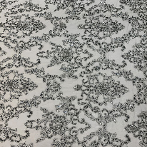 Deluxe Heavy Embroidered Glass Beaded Mesh Lace Fabric For Wedding, GownsICEFABRICICE FABRICSBurgundyDeluxe Heavy Embroidered Glass Beaded Mesh Lace Fabric For Wedding, Gowns ICEFABRIC Gray