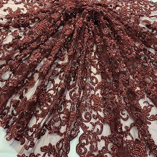 Deluxe Heavy Embroidered Glass Beaded Mesh Lace Fabric For Wedding, GownsICEFABRICICE FABRICSBlackDeluxe Heavy Embroidered Glass Beaded Mesh Lace Fabric For Wedding, Gowns ICEFABRIC Burgundy