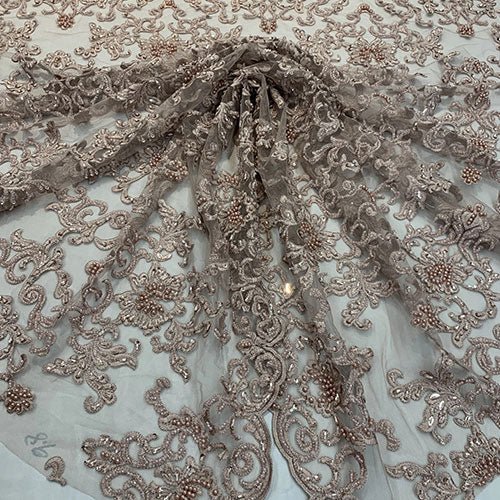 Deluxe Heavy Embroidered Glass Beaded Mesh Lace Fabric For Wedding, GownsICEFABRICICE FABRICSBurgundyDeluxe Heavy Embroidered Glass Beaded Mesh Lace Fabric For Wedding, Gowns ICEFABRIC Dusty Rose