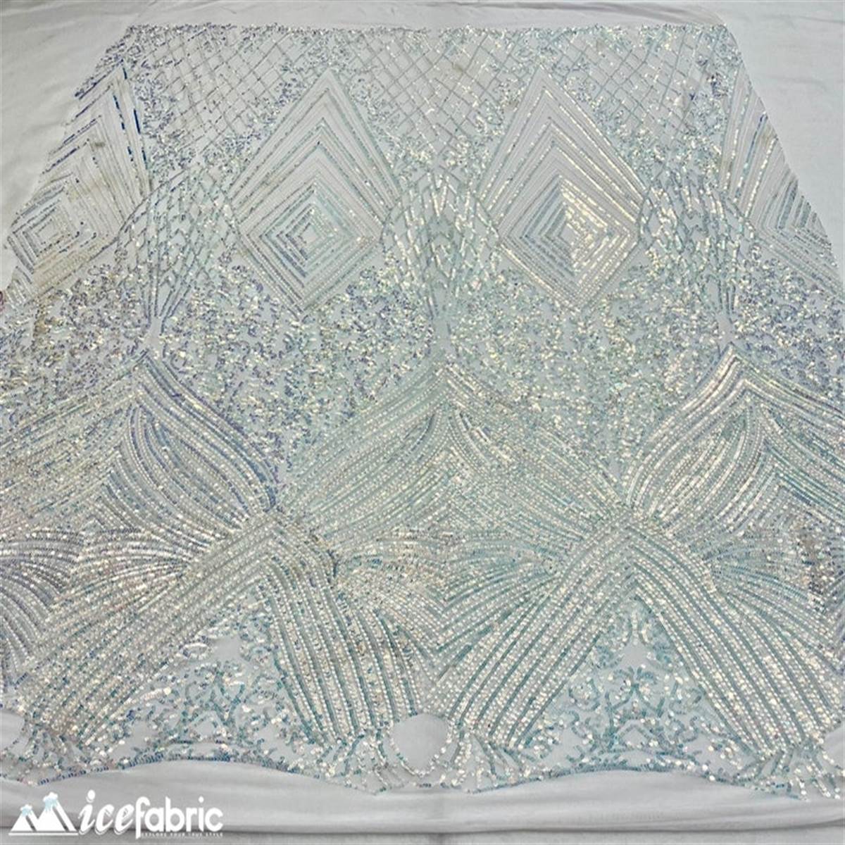 Diamond Geometric Stretch Sequin Fabric On MeshICE FABRICSICE FABRICSWhite BlueBy The YardDiamond Geometric Stretch Sequin Fabric On Mesh ICE FABRICS White Blue