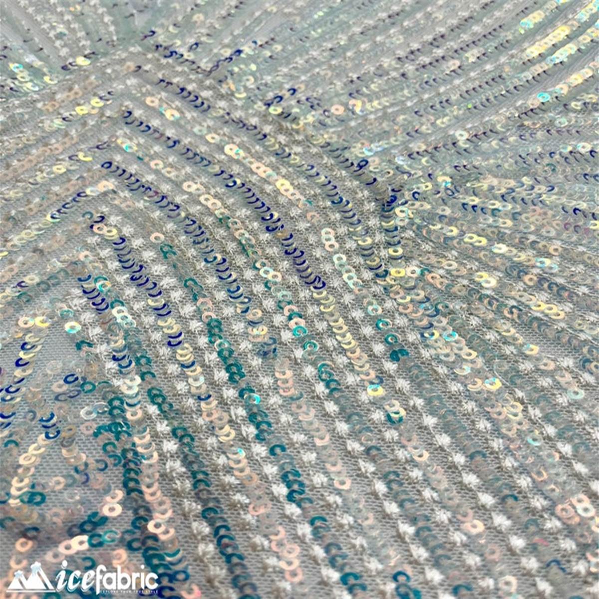 Diamond Geometric Stretch Sequin Fabric On MeshICE FABRICSICE FABRICSWhite BlueBy The YardDiamond Geometric Stretch Sequin Fabric On Mesh ICE FABRICS White Blue