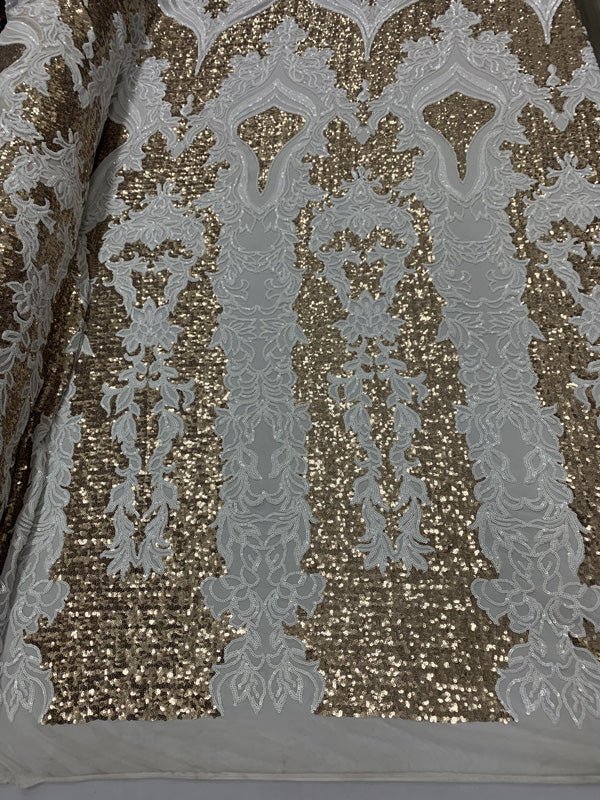 Elegant 4 WAY Stretch Sequins On Power Mesh//Spandex Mesh Lace Sequins Fabric By The Yard//Embroidery Lace/ Gowns/Veil/ BridalICEFABRICICE FABRICSBlack/Gold On Power Mesh1/2 Yard (18 Inches )Elegant 4 WAY Stretch Sequins On Power Mesh//Spandex Mesh Lace Sequins Fabric By The Yard//Embroidery Lace/ Gowns/Veil/ Bridal ICEFABRIC White/Matte Gold On Power Mesh