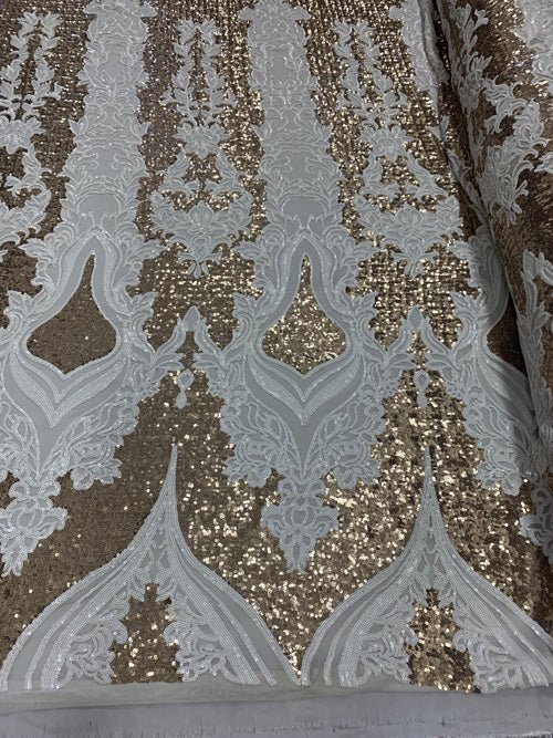 Elegant 4 WAY Stretch Sequins On Power Mesh//Spandex Mesh Lace Sequins Fabric By The Yard//Embroidery Lace/ Gowns/Veil/ BridalICEFABRICICE FABRICSWhite/Matte Gold On Power Mesh1/2 Yard (18 Inches )Elegant 4 WAY Stretch Sequins On Power Mesh//Spandex Mesh Lace Sequins Fabric By The Yard//Embroidery Lace/ Gowns/Veil/ Bridal ICEFABRIC White/Matte Gold On Power Mesh