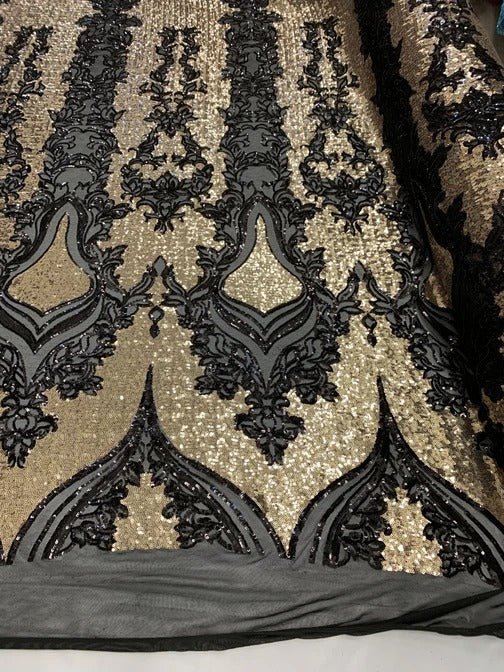 Elegant 4 WAY Stretch Sequins On Power Mesh//Spandex Mesh Lace Sequins Fabric By The Yard//Embroidery Lace/ Gowns/Veil/ BridalICEFABRICICE FABRICSBlack/Gold On Power Mesh1/2 Yard (18 Inches )Elegant 4 WAY Stretch Sequins On Power Mesh//Spandex Mesh Lace Sequins Fabric By The Yard//Embroidery Lace/ Gowns/Veil/ Bridal ICEFABRIC Black/Gold On Power Mesh