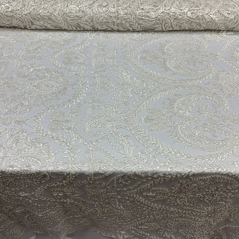 Elegant Embroidered French Lace Beaded Mesh Lace FabricICEFABRICICE FABRICSDusty RoseElegant Embroidered French Lace Beaded Mesh Lace Fabric ICEFABRIC Off White