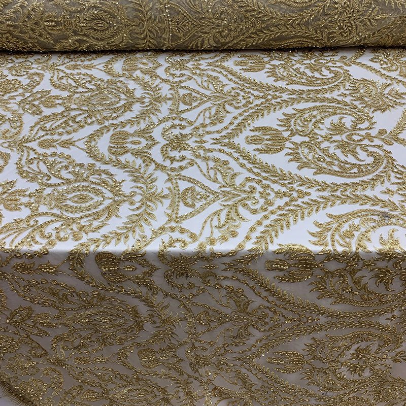 Elegant Embroidered French Lace Beaded Mesh Lace FabricICEFABRICICE FABRICSGoldElegant Embroidered French Lace Beaded Mesh Lace Fabric ICEFABRIC Gold