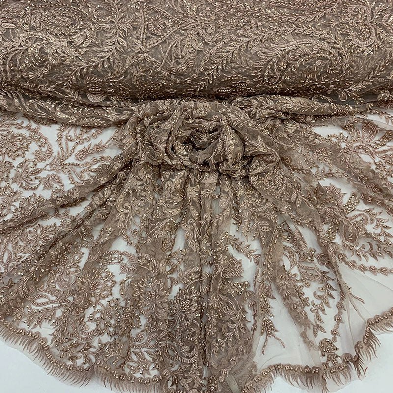 Elegant Embroidered French Lace Beaded Mesh Lace FabricICEFABRICICE FABRICSDusty RoseElegant Embroidered French Lace Beaded Mesh Lace Fabric ICEFABRIC Dusty Rose