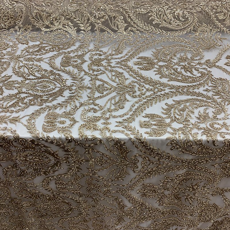 Elegant Embroidered French Lace Beaded Mesh Lace FabricICEFABRICICE FABRICSChampagneElegant Embroidered French Lace Beaded Mesh Lace Fabric ICEFABRIC Champagne