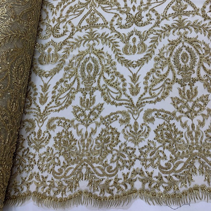 Elegant Embroidered French Lace Beaded Mesh Lace FabricICEFABRICICE FABRICSGoldElegant Embroidered French Lace Beaded Mesh Lace Fabric ICEFABRIC Champagne