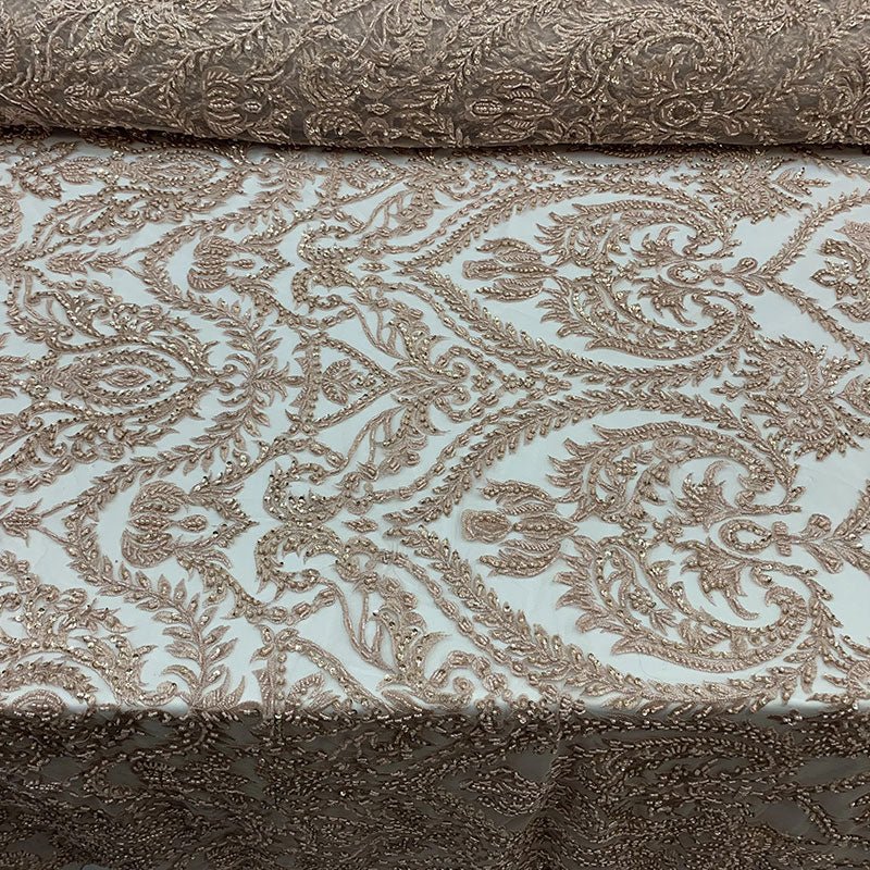 Elegant Embroidered French Lace Beaded Mesh Lace FabricICEFABRICICE FABRICSGoldElegant Embroidered French Lace Beaded Mesh Lace Fabric ICEFABRIC Dusty Rose