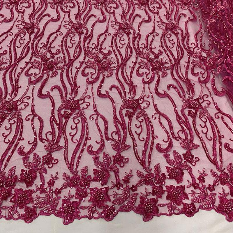 Elegant Flowers Embroidery Bridal Floral Beaded Mesh Lace FabricICEFABRICICE FABRICSFuchsiaElegant Flowers Embroidery Bridal Floral Beaded Mesh Lace Fabric ICEFABRIC Fuchsia