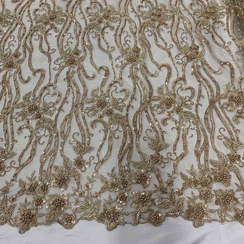 Elegant Flowers Embroidery Bridal Floral Beaded Mesh Lace FabricICEFABRICICE FABRICSChampagneElegant Flowers Embroidery Bridal Floral Beaded Mesh Lace Fabric ICEFABRIC Champagne
