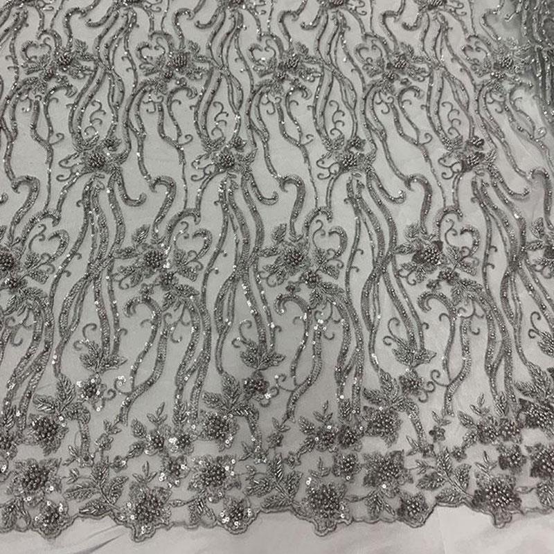 Elegant Flowers Embroidery Bridal Floral Beaded Mesh Lace FabricICEFABRICICE FABRICSSilverElegant Flowers Embroidery Bridal Floral Beaded Mesh Lace Fabric ICEFABRIC Silver