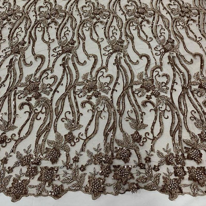 Elegant Flowers Embroidery Bridal Floral Beaded Mesh Lace FabricICEFABRICICE FABRICSTaupeElegant Flowers Embroidery Bridal Floral Beaded Mesh Lace Fabric ICEFABRIC Taupe